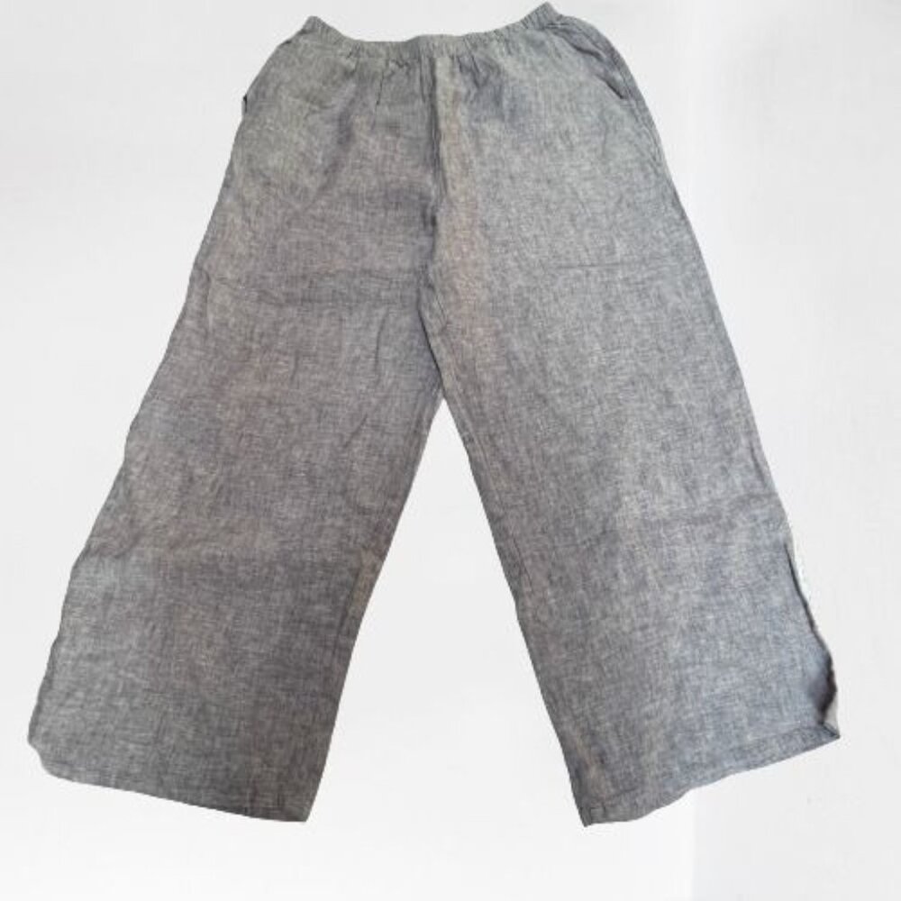 Flax Medium High Rise Linen Wide-Leg Cropped Pants Purple Elastic Waist NWOT